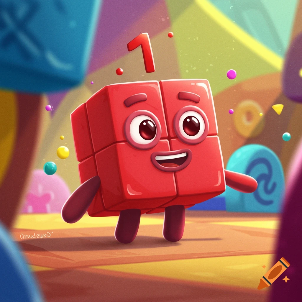 A cheerful red block character with big eyes and a smile has the number 1 above its head in a colorful, cartoon setting.