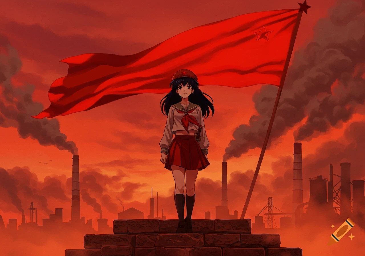 Anime girl in a school uniform standing before a large red communist flag against an industrial skyline at sunset.