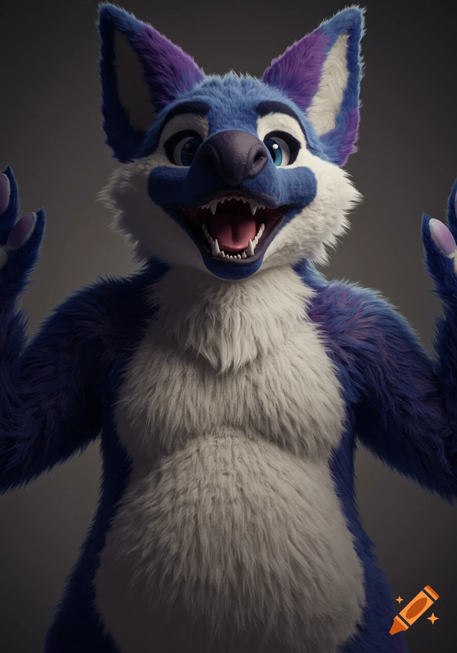 A blue, white, and purple Avali fursuit with a detailed open mouth revealing teeth, big blue eyes, and raised paws, against a dark background.