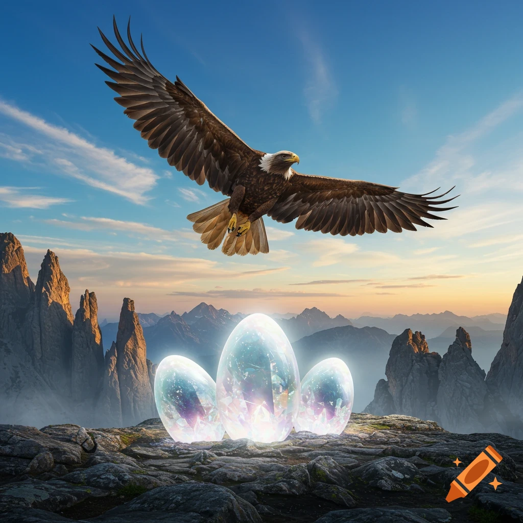 A majestic eagle soars above three glowing crystal eggs nestled on a rocky mountain peak at sunrise.