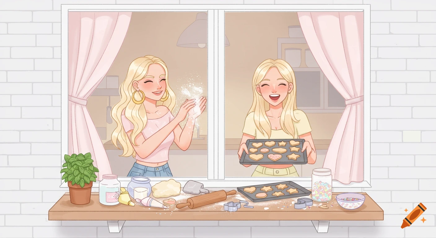 A joyful 2D illustration shows two blonde girls baking cookies in a kitchen, viewed through a window. One claps flour, the other holds a tray of heart and star cookies.