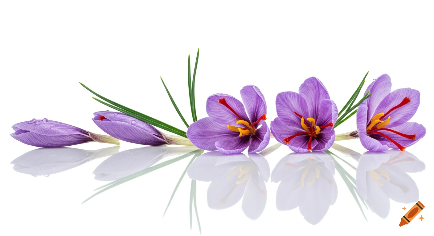 Photorealistic macro shot of five purple saffron flowers in different blooming stages, with dew drops and green leaves on a white reflective surface.