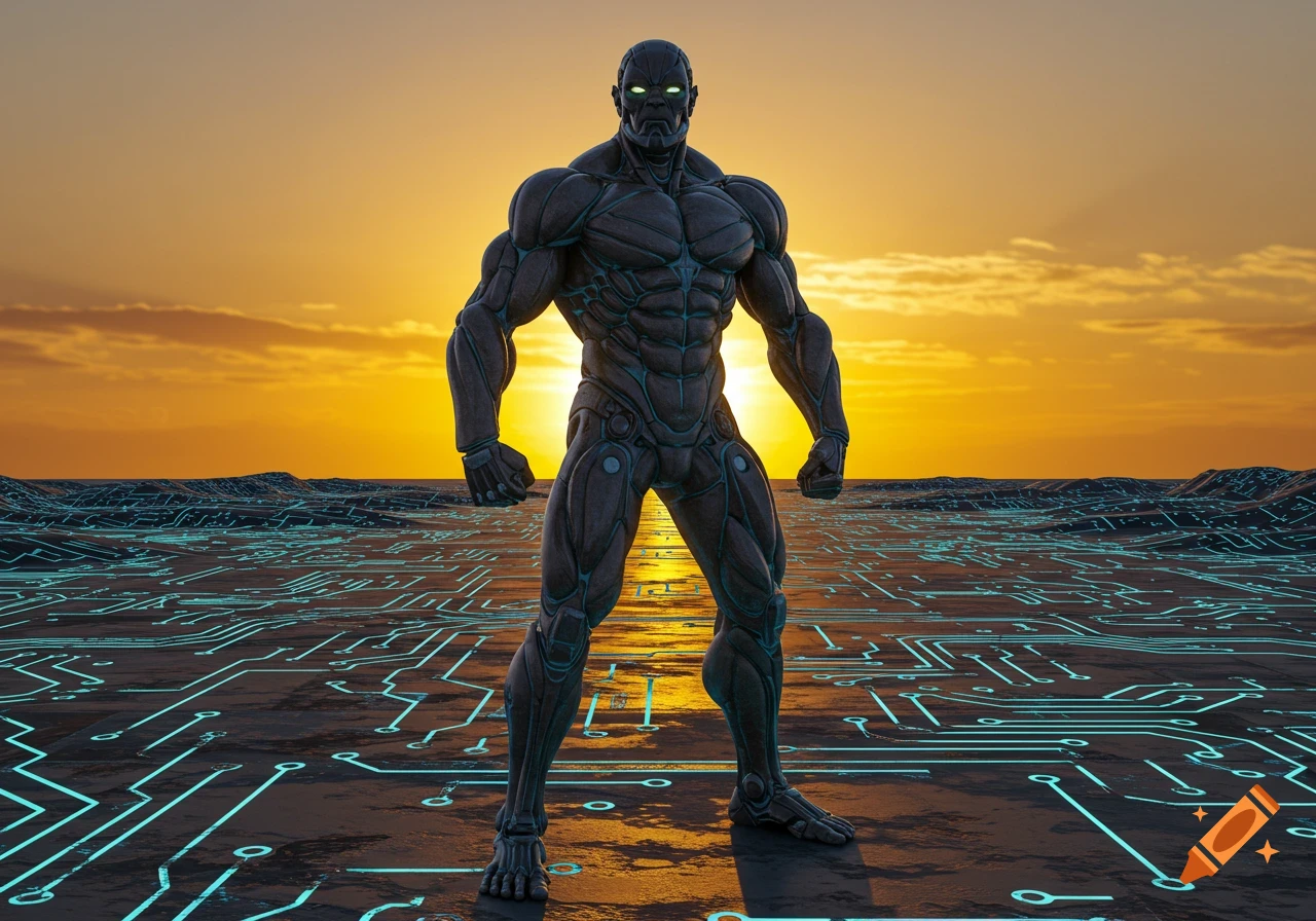 A muscular, dark armored robot with glowing green eyes stands on a circuit-patterned ground against an orange sunset.