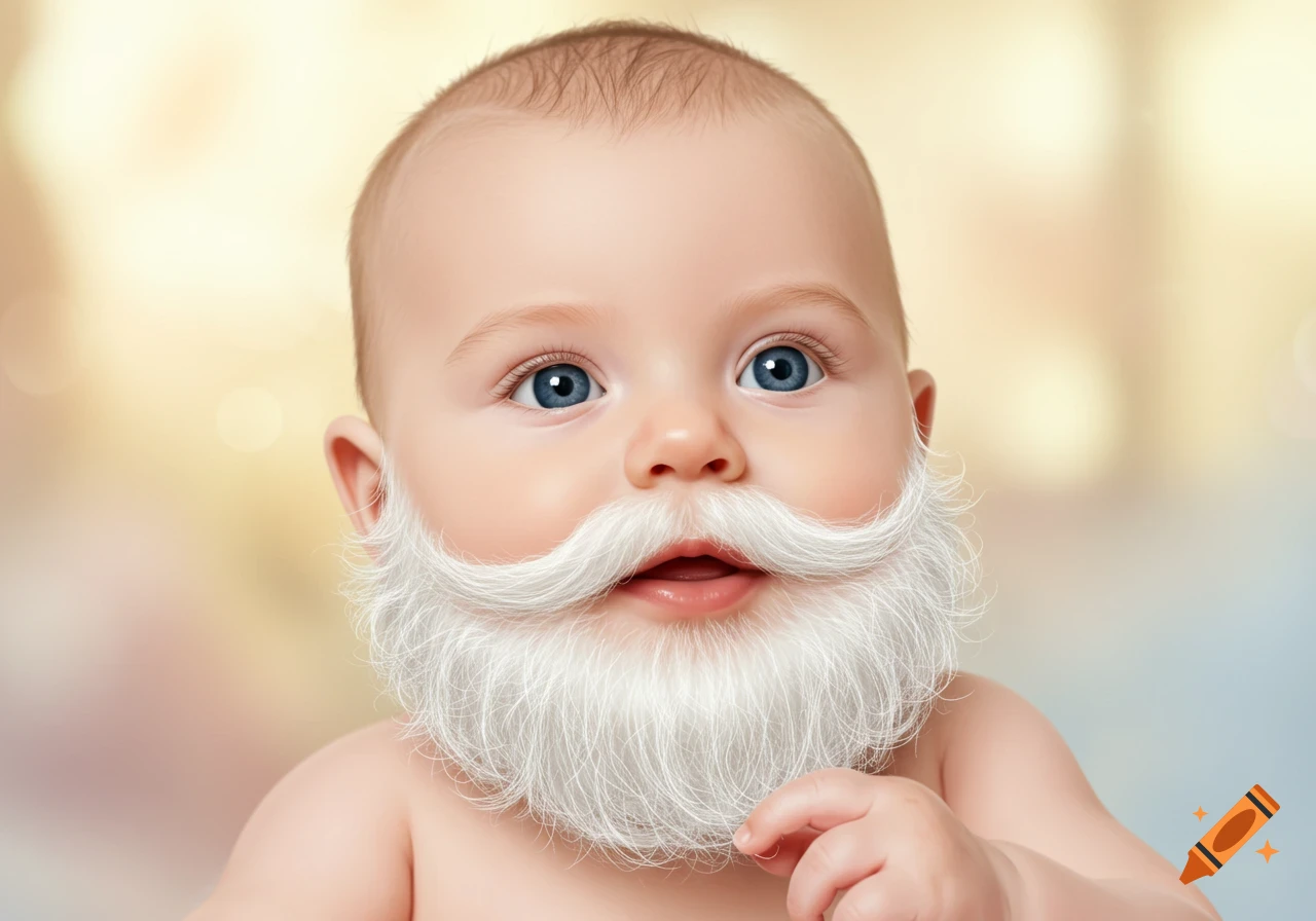 A close-up, photorealistic portrait of a baby with bright blue eyes and a full white mustache and beard, smiling.