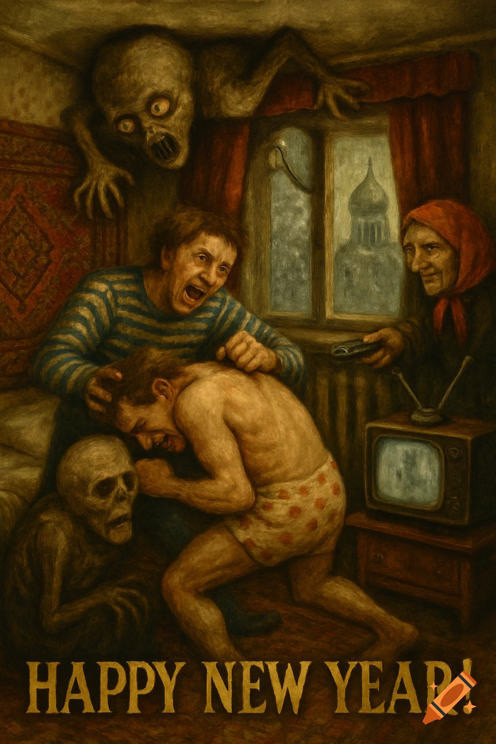 A grotesque surreal oil painting of a New Year's card. A monster hangs from the ceiling over screaming people, a skull-faced creature, and an old woman watching TV in a Soviet-era room. Text says "HAPPY NEW YEAR!"