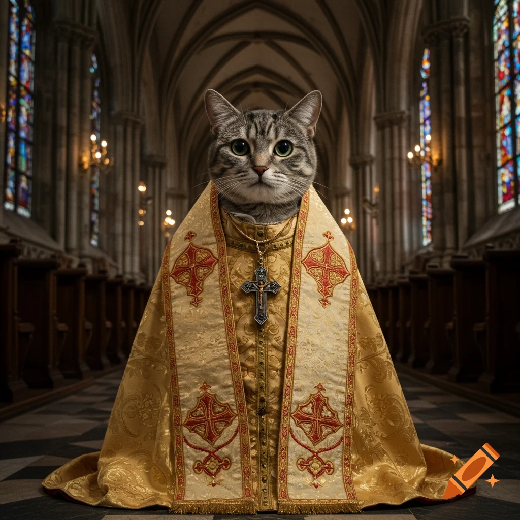 Photorealistic image of a tabby cat dressed in golden bishop's vestments with a cross, standing in a large cathedral.