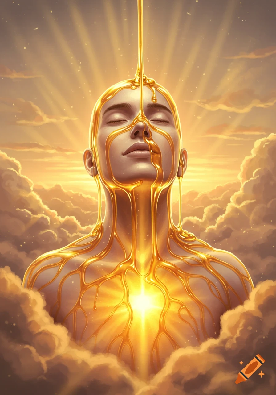 Digital painting of a person with closed eyes, golden syrup pouring over them and radiating light from their chest, surrounded by golden clouds.