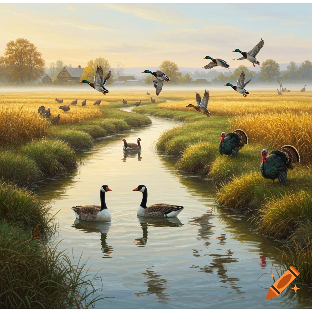 Ducks flying over a narrow river with two geese, turkeys in farm fields, and a barn in the misty background.