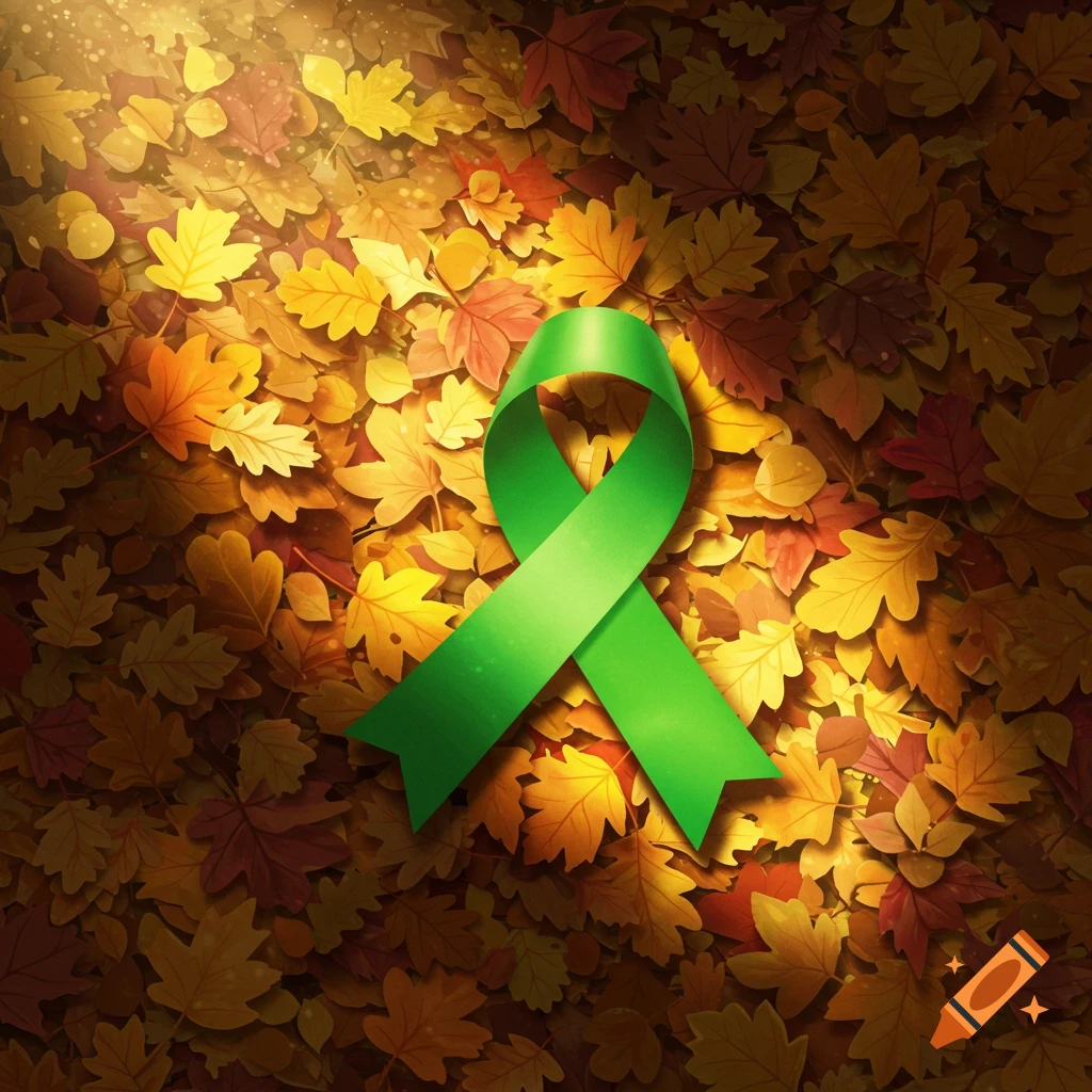 A vibrant green awareness ribbon lies on a bed of golden, orange, and red autumn leaves, illuminated by a spotlight.