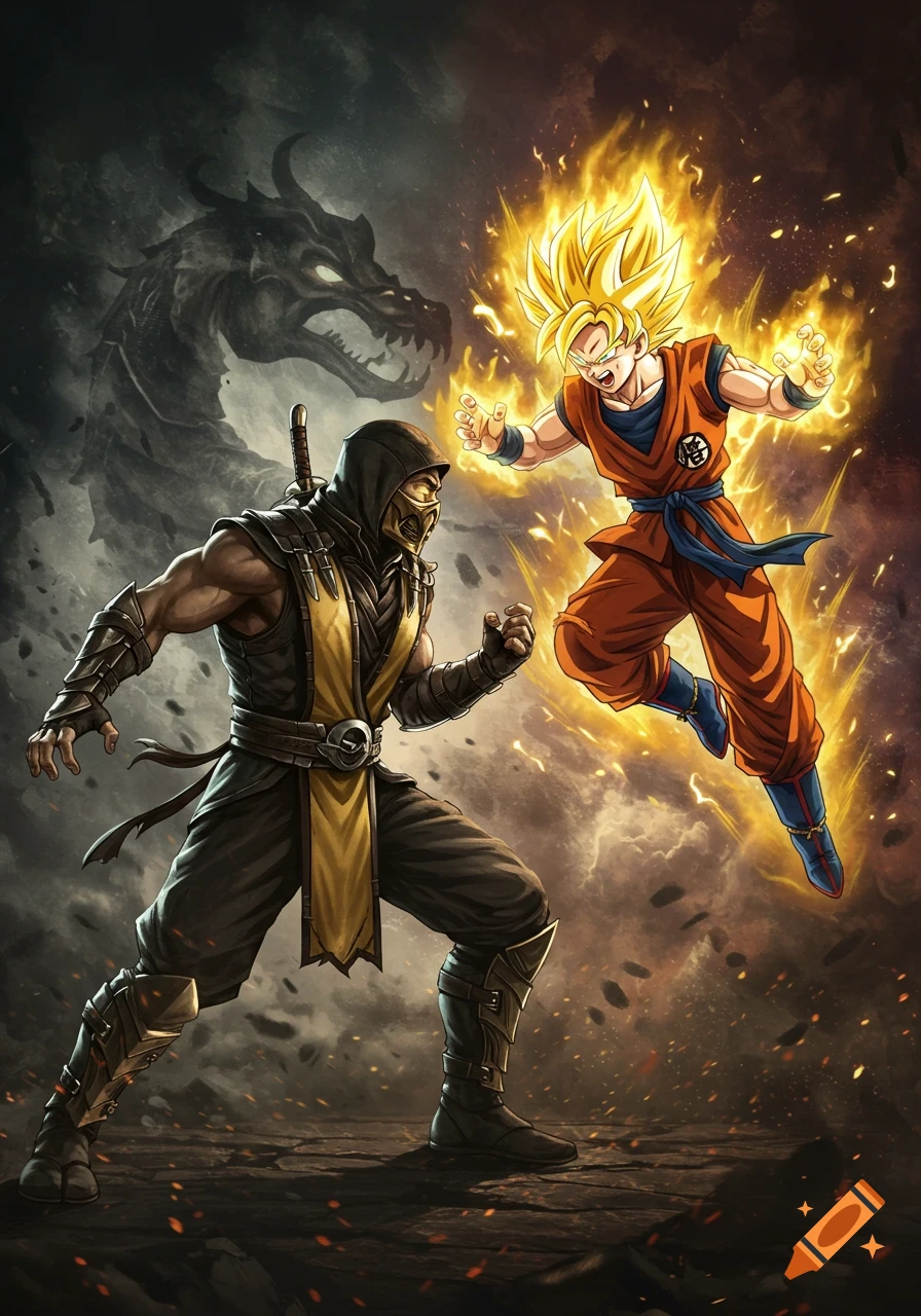 Scorpion faces off against a glowing Super Saiyan Goku, with a dragon silhouette in the background, in a stylized fight scene.