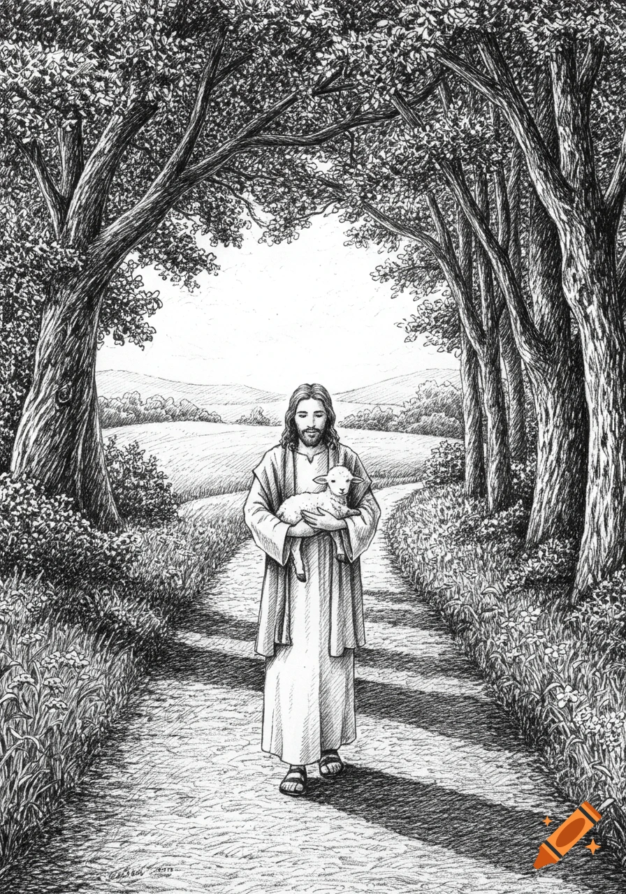 Black and white pen-and-ink illustration of Jesus walking on a country road, tenderly holding a lamb.