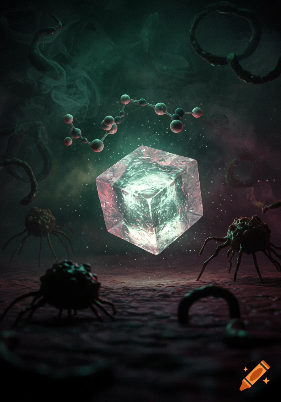 A glowing, crystalline cube floats amidst microscopic organic structures and molecular chains in a dark, ethereal green and pink environment.