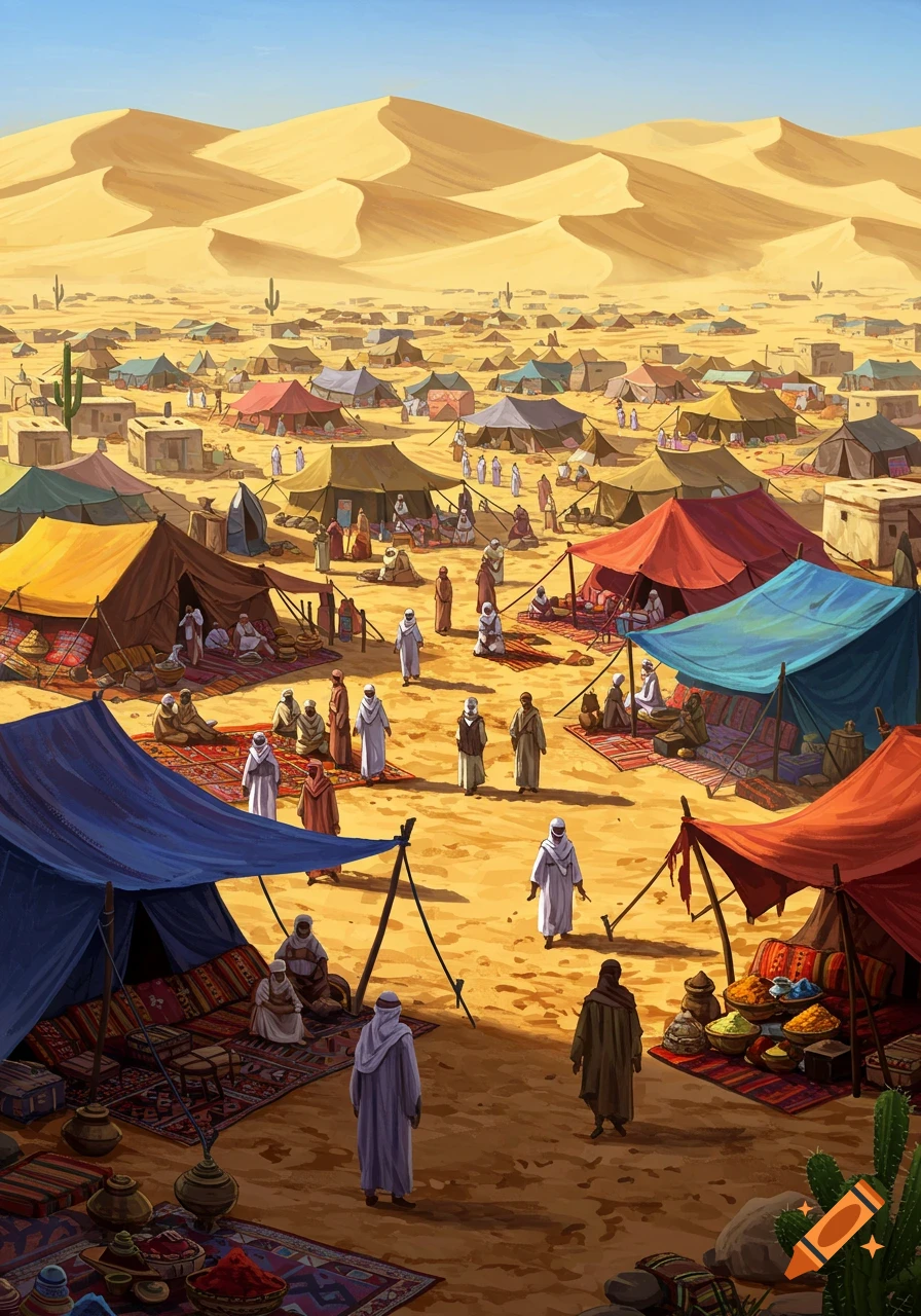A bustling desert tent city with colorful tents, people, market stalls, and large sand dunes under a clear blue sky. Digital painting.