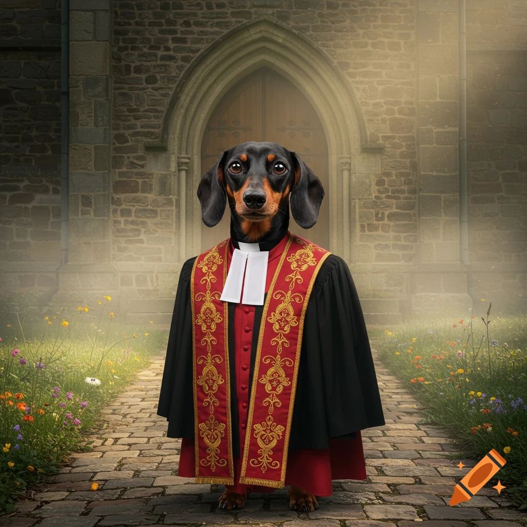 A photorealistic dachshund dressed as a pastor in a black robe and red stole stands on a cobblestone path in front of a stone church.