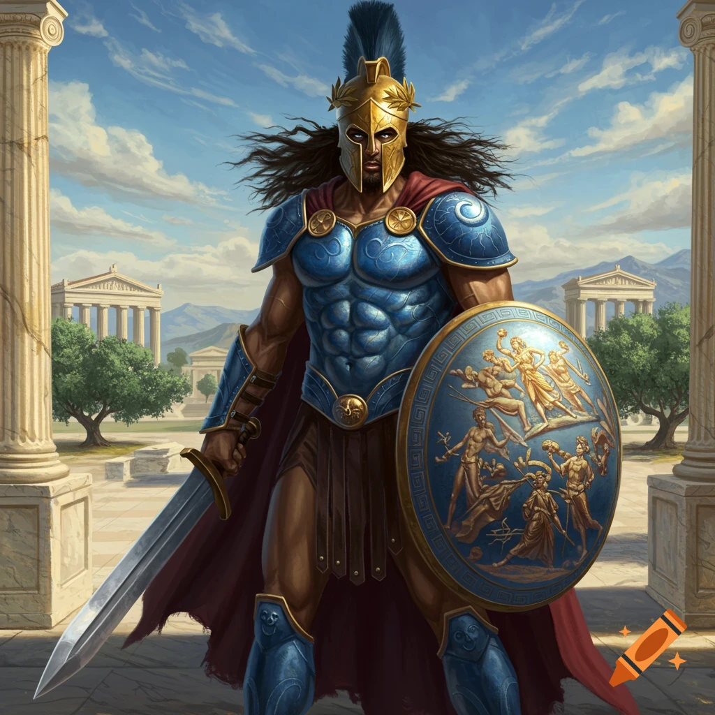 A muscular Spartan warrior with dark skin, blue armor, a gold helmet, holding a broadsword and a shield, stands in front of Greek ruins.
