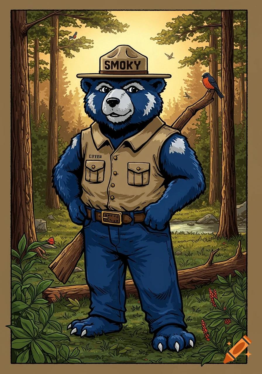 A blue bear mascot wearing a ranger hat and vest stands in a sunlit forest, cartoon style.