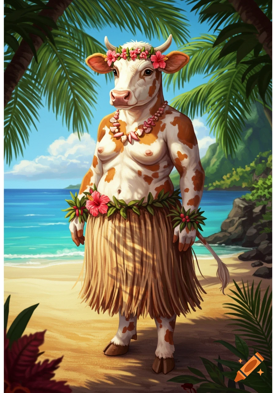 A 'rubenesque' anthropomorphic cow wearing a flower crown, seashell necklace, and grass skirt stands on a tropical beach.