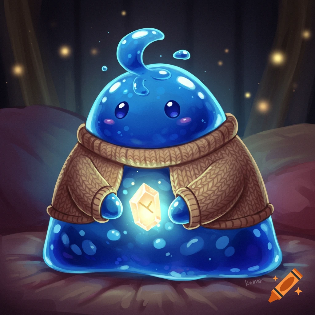 A cute, blue, glowing slime creature in a knitted sweater holds a glowing crystal in a dark, magical setting with sparkles.