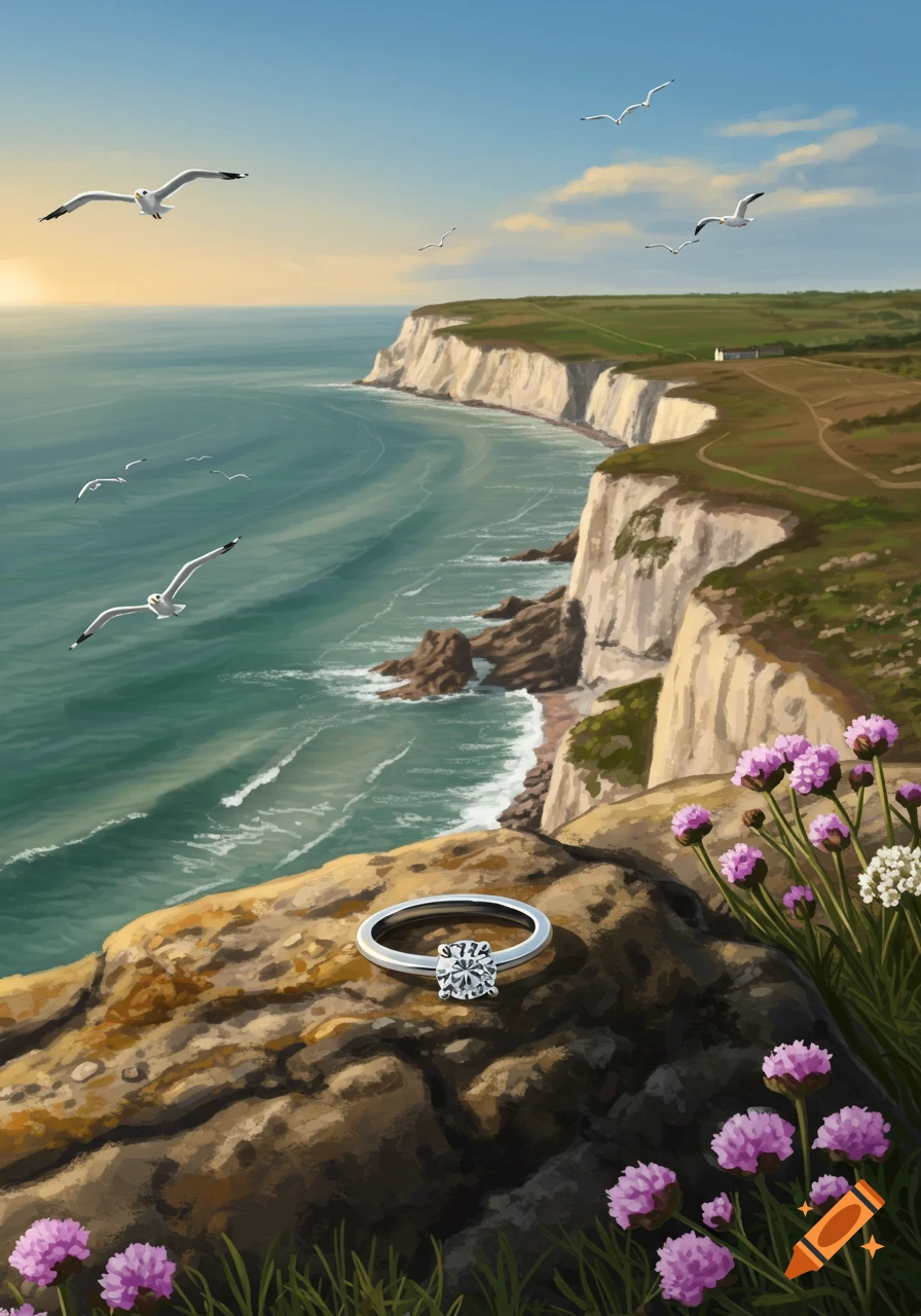 A diamond ring on a rocky cliff overlooking a sunny ocean with seagulls and purple flowers, in an illustrated style.