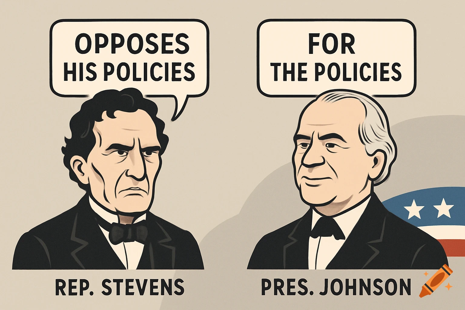 A political cartoon showing Thaddeus Stevens with a speech bubble saying "OPPOSES HIS POLICIES" and President Andrew Johnson saying "FOR THE POLICIES".