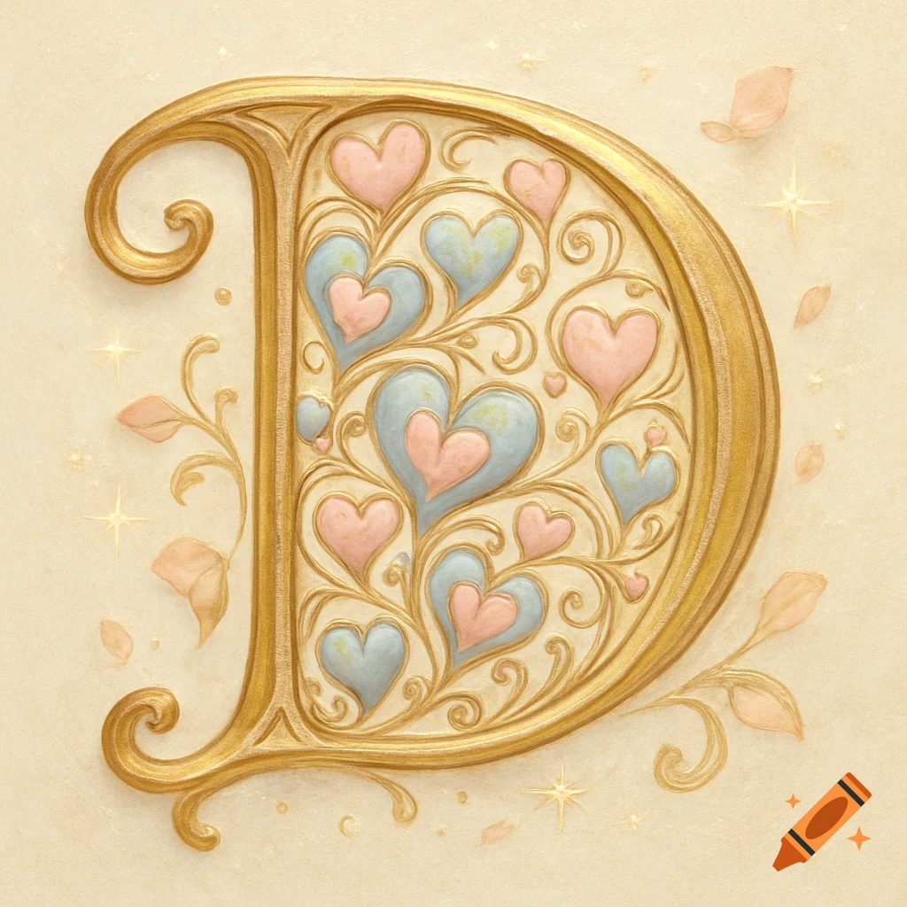 An ornate golden letter D filled with pink and blue hearts and swirling floral patterns on a light background.
