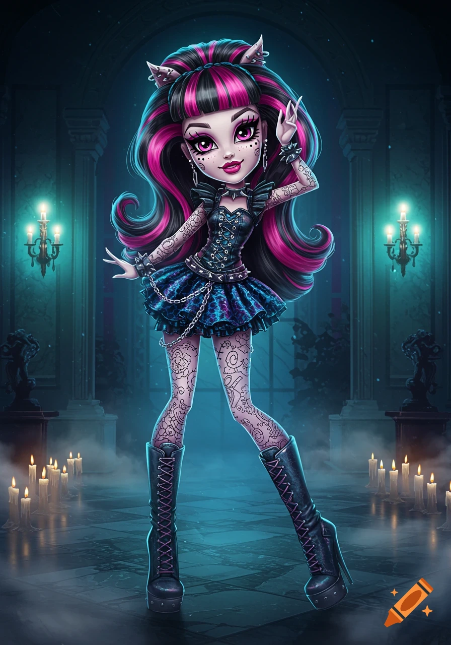 A stylized Monster High doll with black and pink hair, a gothic outfit, and pale skin, posing in a dimly lit hall with candles.