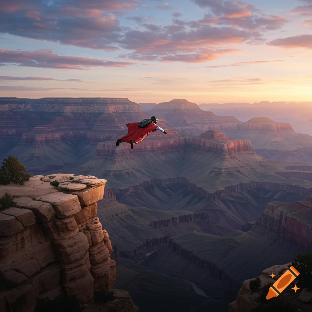 A person in a red wingsuit jumps off a cliff in the Grand Canyon at sunset, showcasing the vast landscape.