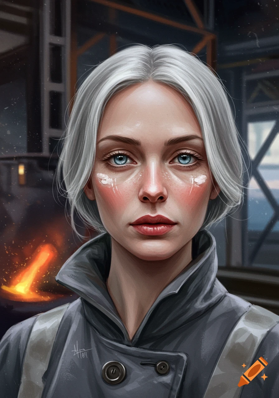 Digital portrait of a woman with white hair and blue eyes, wearing a dark jacket, against an industrial background with glowing molten metal.