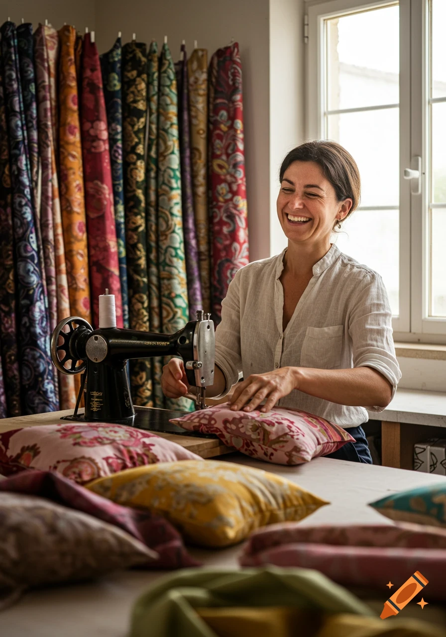 Happy female artisan sewing patterned cushions on a vintage machine in a sunlit workshop filled with colorful fabrics.