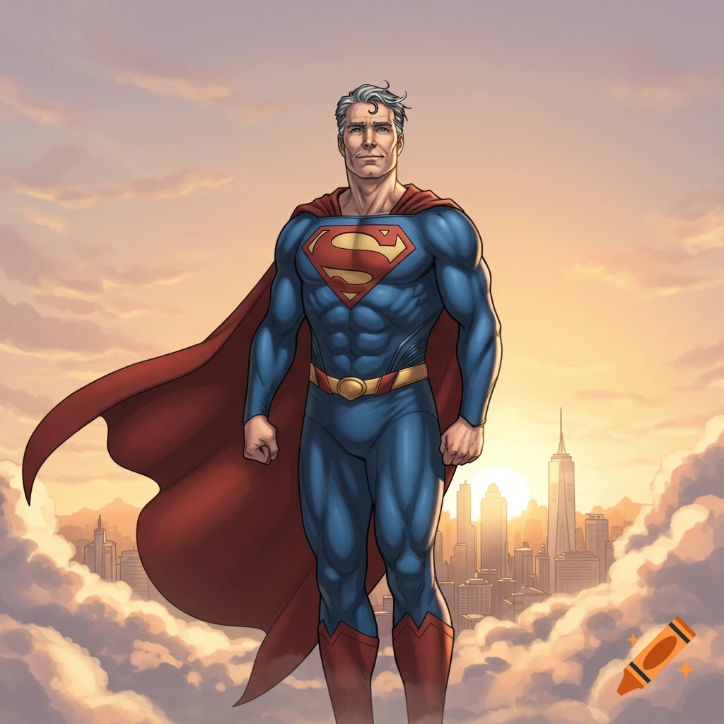 Comic art of an older Superman with graying hair, standing above a city skyline at sunset/sunrise, surrounded by clouds.