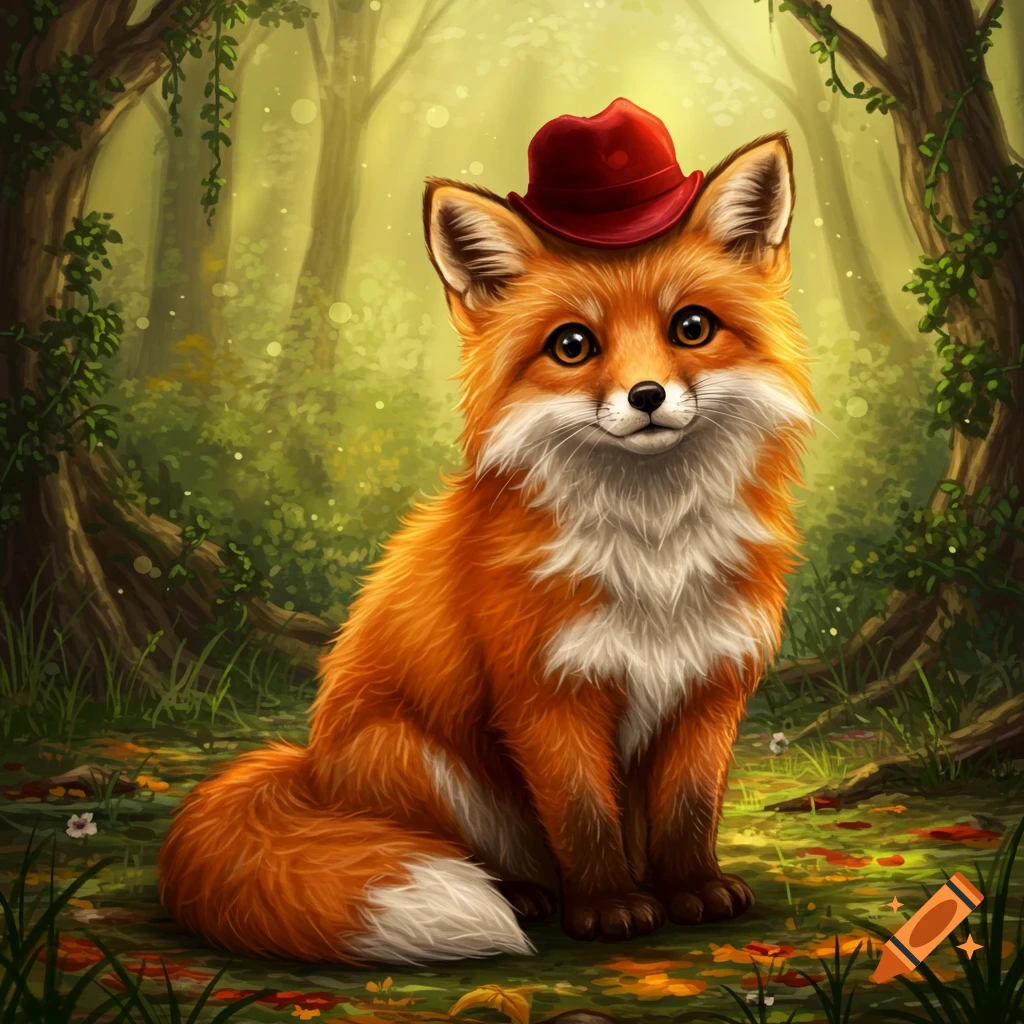 A cute orange fox wearing a red hat sits in a lush, green fantasy forest. Digital illustration.