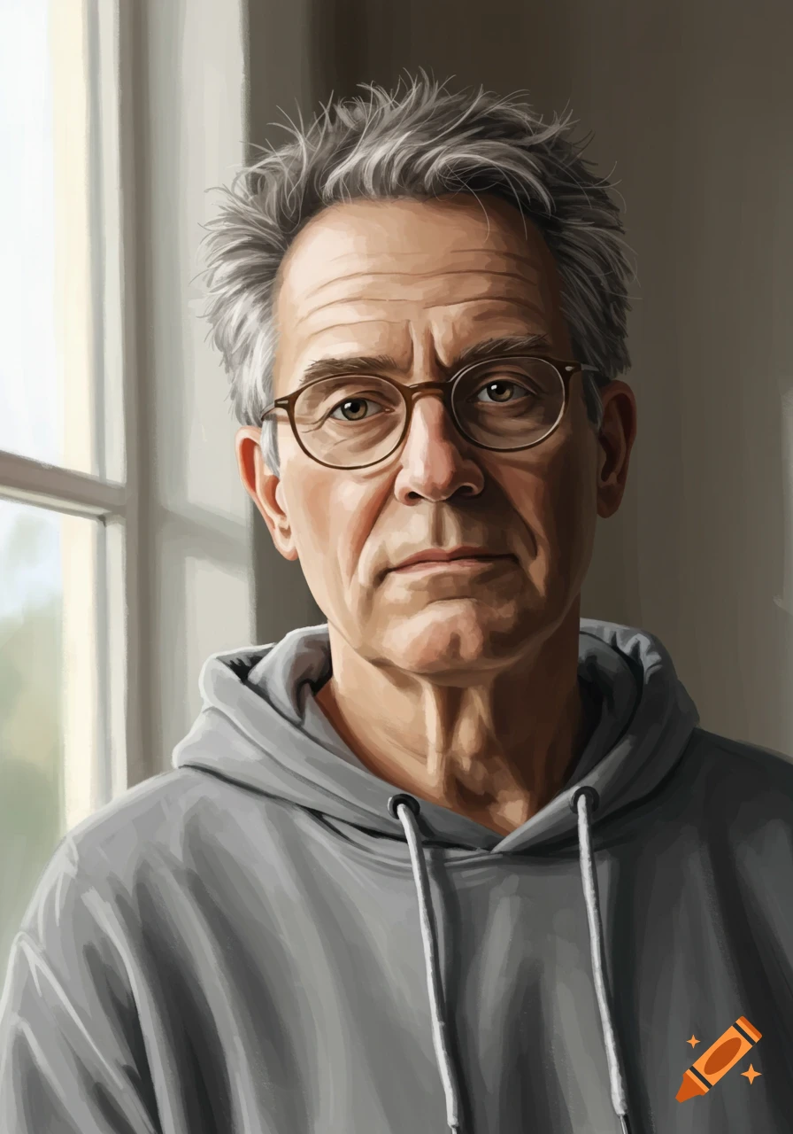 Digital painting of a serious middle-aged man with gray hair and glasses in a gray hoodie, standing by a window.
