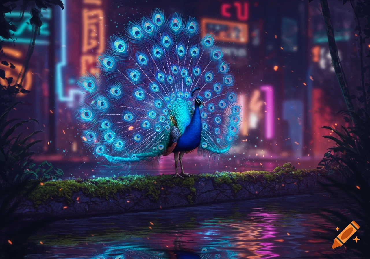 A vibrant blue peacock with a fanned tail of glowing eyespots stands on a mossy log over water, reflecting a neon city in the background.