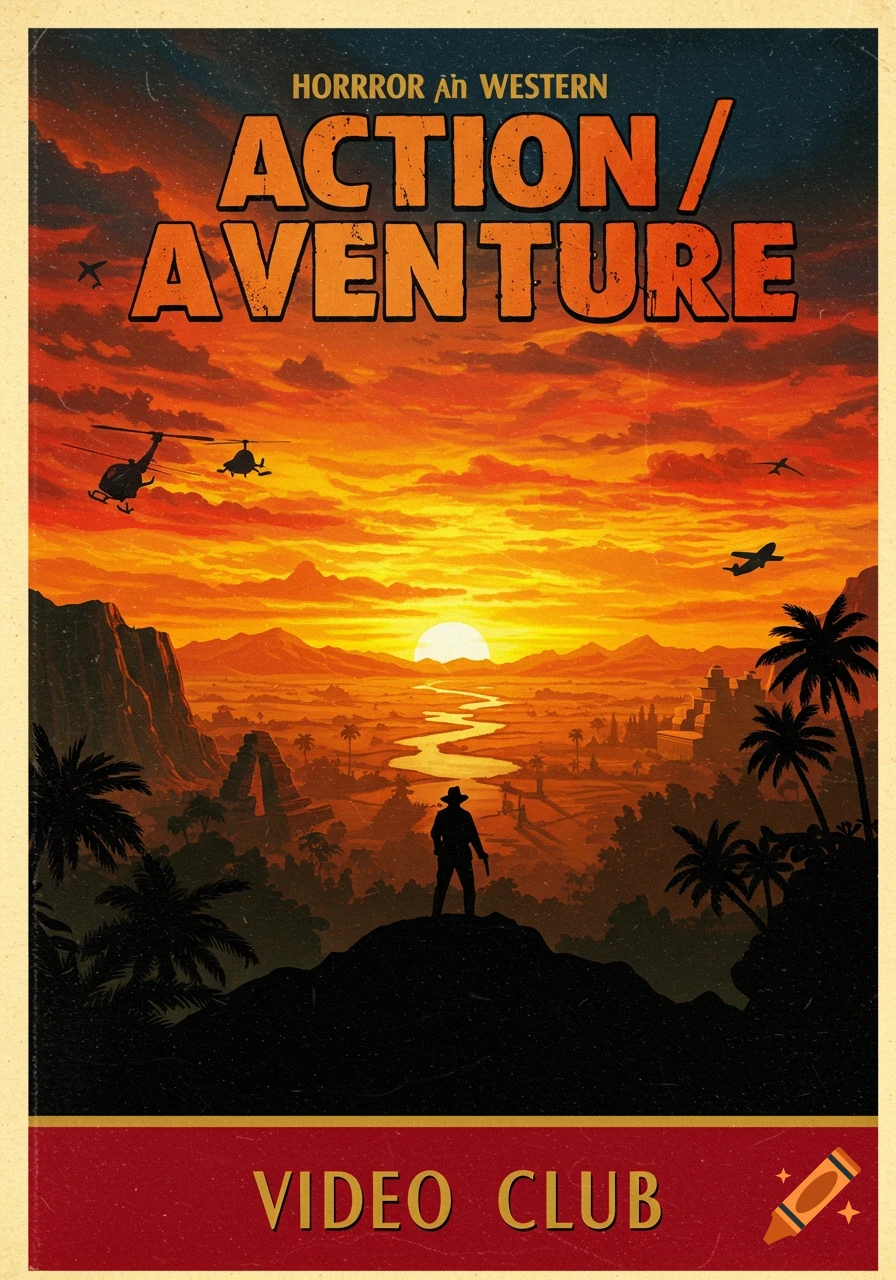 A vintage style movie poster featuring a silhouette of an explorer with a gun on a ridge overlooking a jungle with ancient ruins and a winding river at sunset. Helicopters and planes are in the sky. Text reads "HORRROR Ah WESTERN", "ACTION/ AVENTURE", and "VIDEO CLUB".