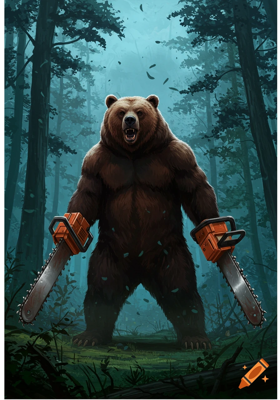 A muscular bear with an open mouth roars, holding a chainsaw in each hand, standing in a dark, misty forest illustration.