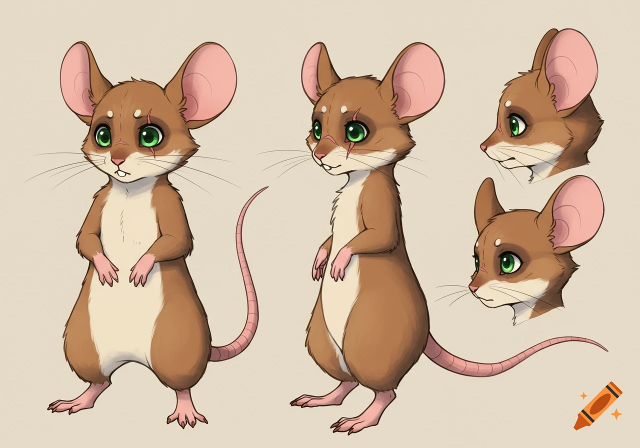 A reference sheet showing multiple views of a cute brown furry mouse character with large pink ears, green anime eyes, and a facial scratch.