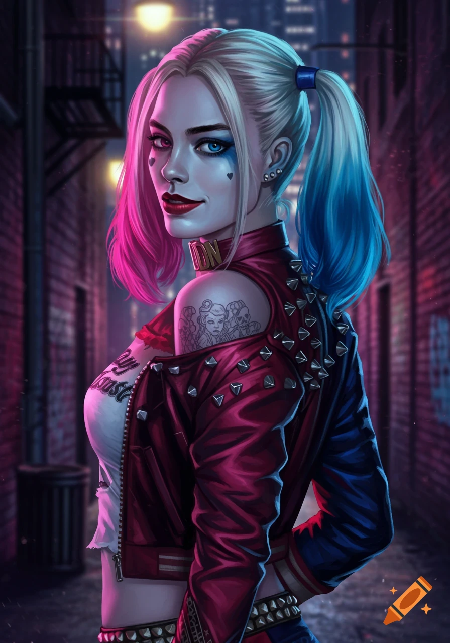 Illustration of Harley Quinn with pink and blue pigtails, red studded jacket, looking over her shoulder in a neon-lit alley.