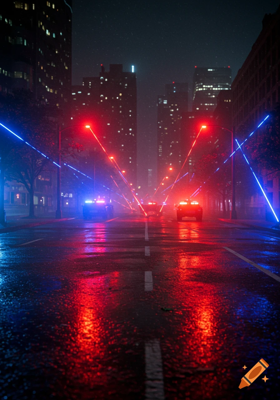 Wet city street at night with police cars reflecting red and blue neon lights on the pavement.