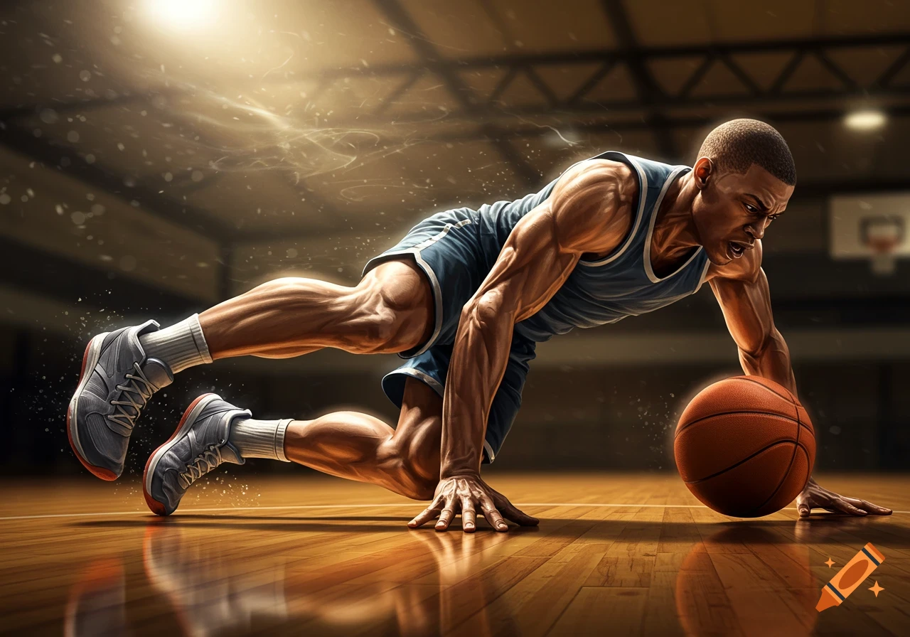 Muscular male basketball player dribbles low on a shining court, dynamically captured with bright lighting and motion.