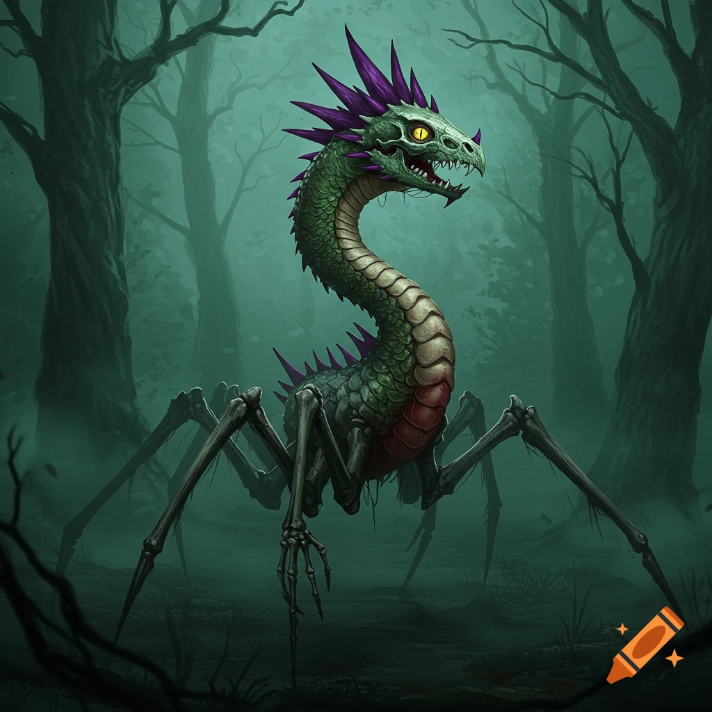 A green dragon-headed creature with purple spikes and skeletal spider legs in a dark, misty forest.