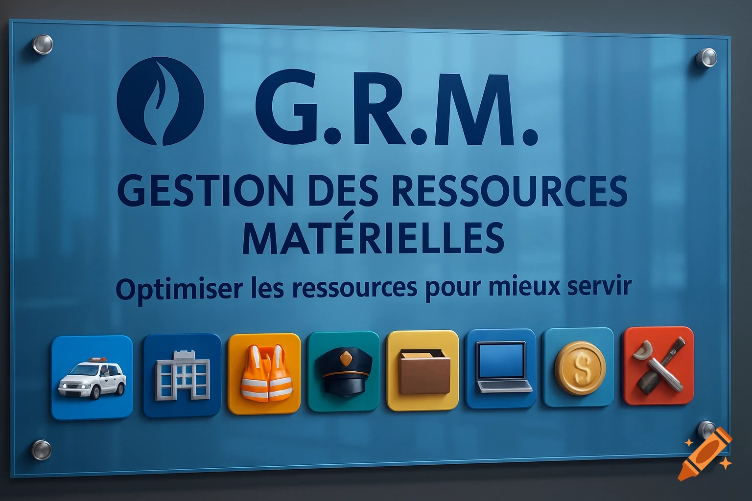 A realistic blue plexiglass sign with 'G.R.M. Gestion des Ressources Matérielles' text and 3D icons for various services.