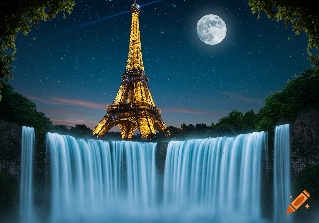 An illuminated Eiffel Tower stands majestically atop grand waterfalls under a starry night sky with a bright full moon.