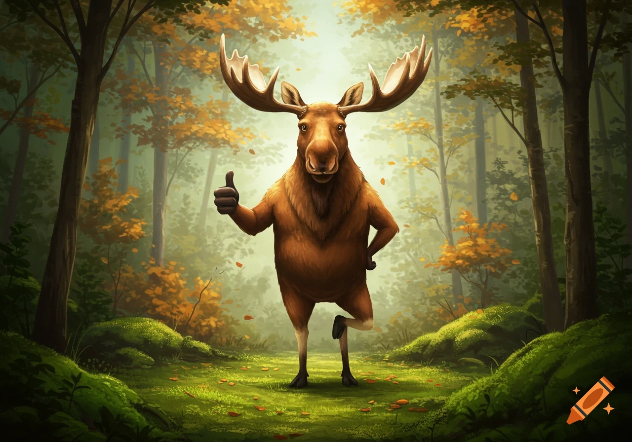A cartoon moose with large antlers gives a thumbs up while standing in a vibrant autumn forest.