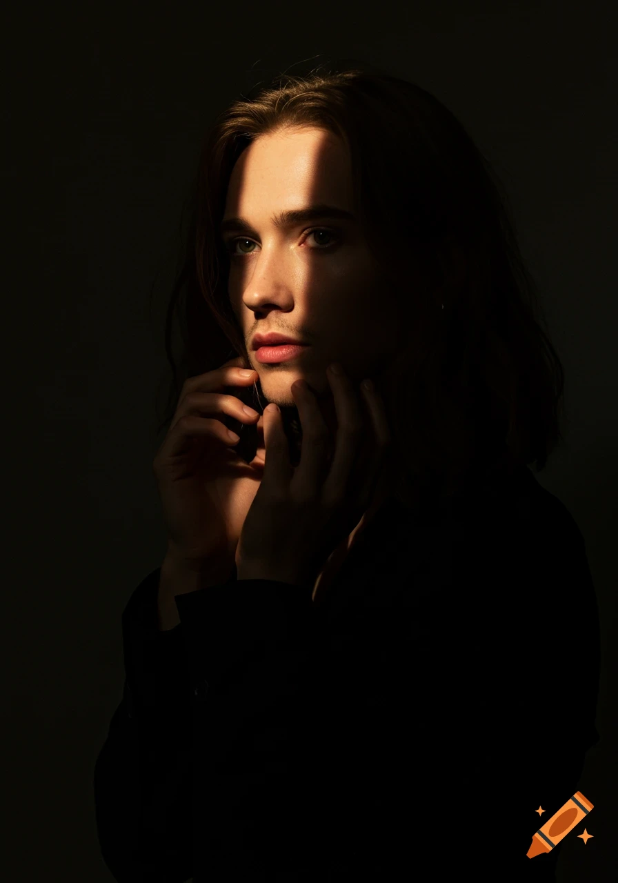 Dramatic fashion editorial portrait of a person with long hair, face partially lit by a vertical stripe of warm light, hands near chin, against a dark background.