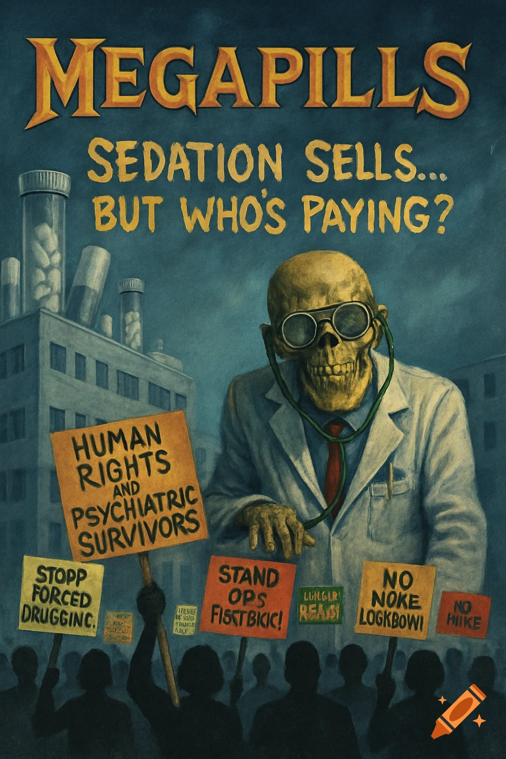A dark art poster featuring a skeleton doctor with a stethoscope, standing behind protest signs. Text reads "MEGAPILLS", "SEDATION SELLS... BUT WHO'S PAYING?", and "HUMAN RIGHTS AND PSYCHIATRIC SURVIVORS", with other garbled protest slogans below.