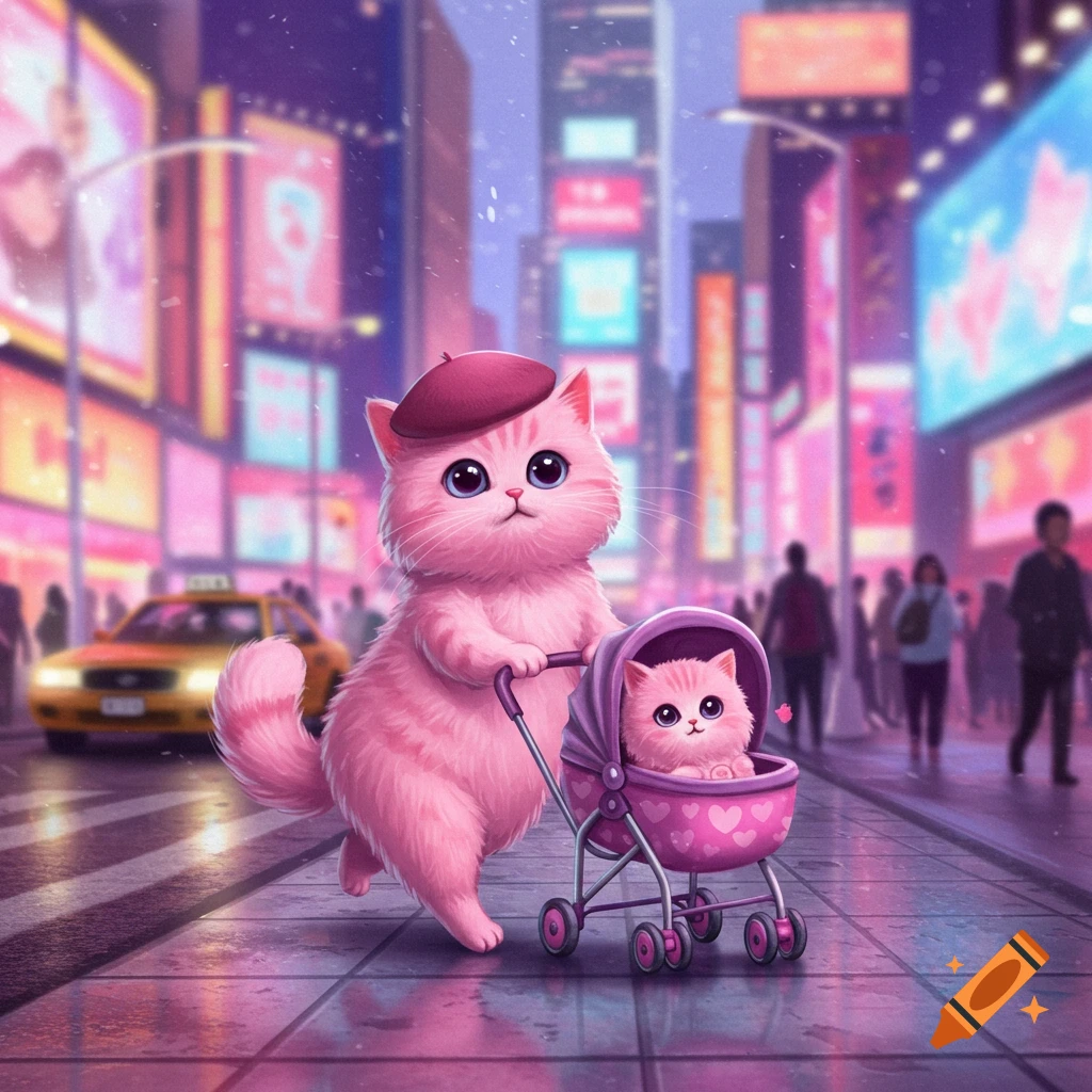 A cute pink cat wearing a beret pushes a stroller with a pink kitten inside, walking on a city street at night with neon lights.