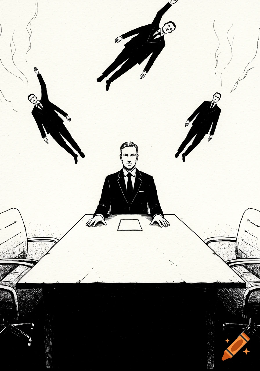 A black and white line drawing of a man seated at a meeting table, with three men in suits floating above him.