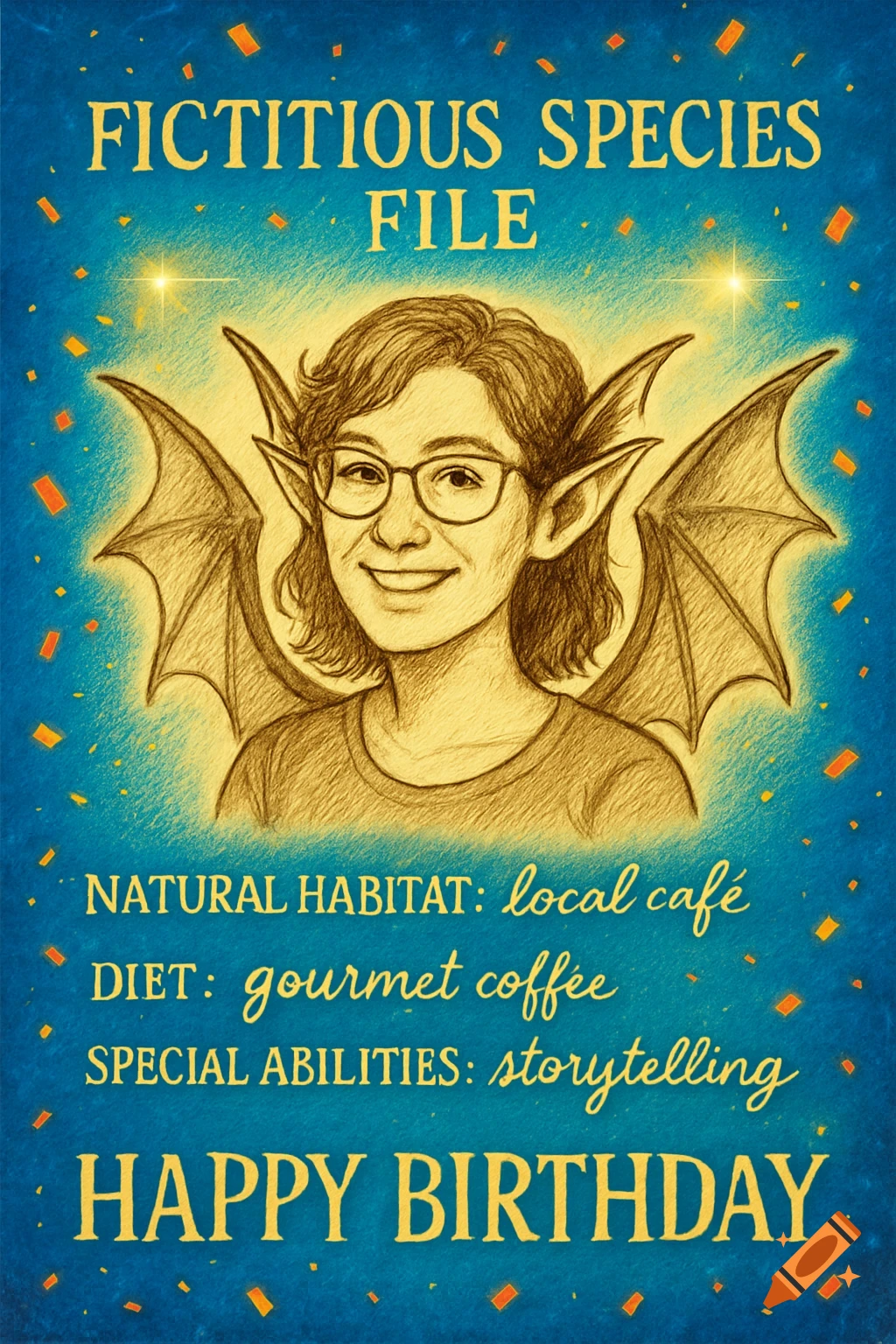 A crayon drawing of a smiling person with glasses, pointed ears, and bat wings on a birthday card titled 'Fictitious Species File'.
