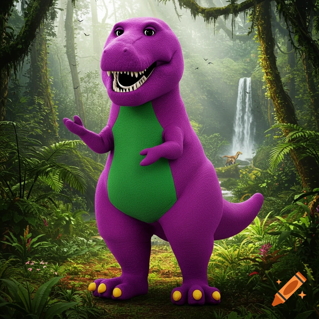 A purple Barney the dinosaur with a green belly stands in a lush jungle with a waterfall in the background.