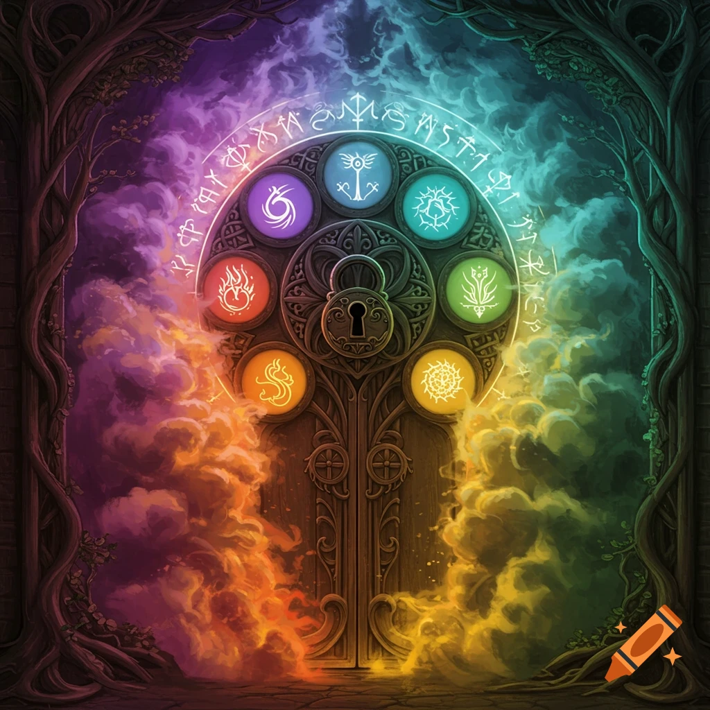 A colorful, fantastical wooden double door with a large lock and eight glowing, symbolic circles. Runes arch above the door, surrounded by swirling, rainbow-colored smoke and tree roots.